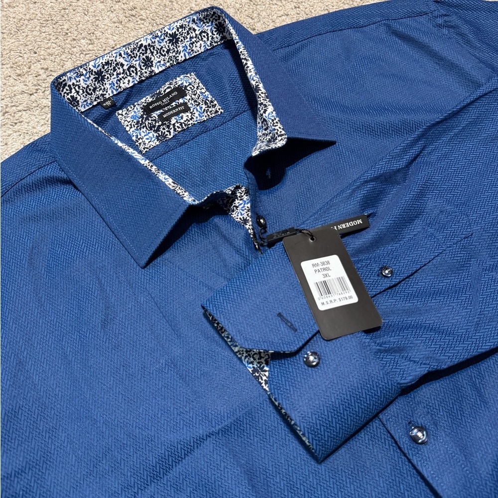 Rosso Milano Italy Dress Shirt 3XL Modern Fit Blue Textured Button Up NWT $179